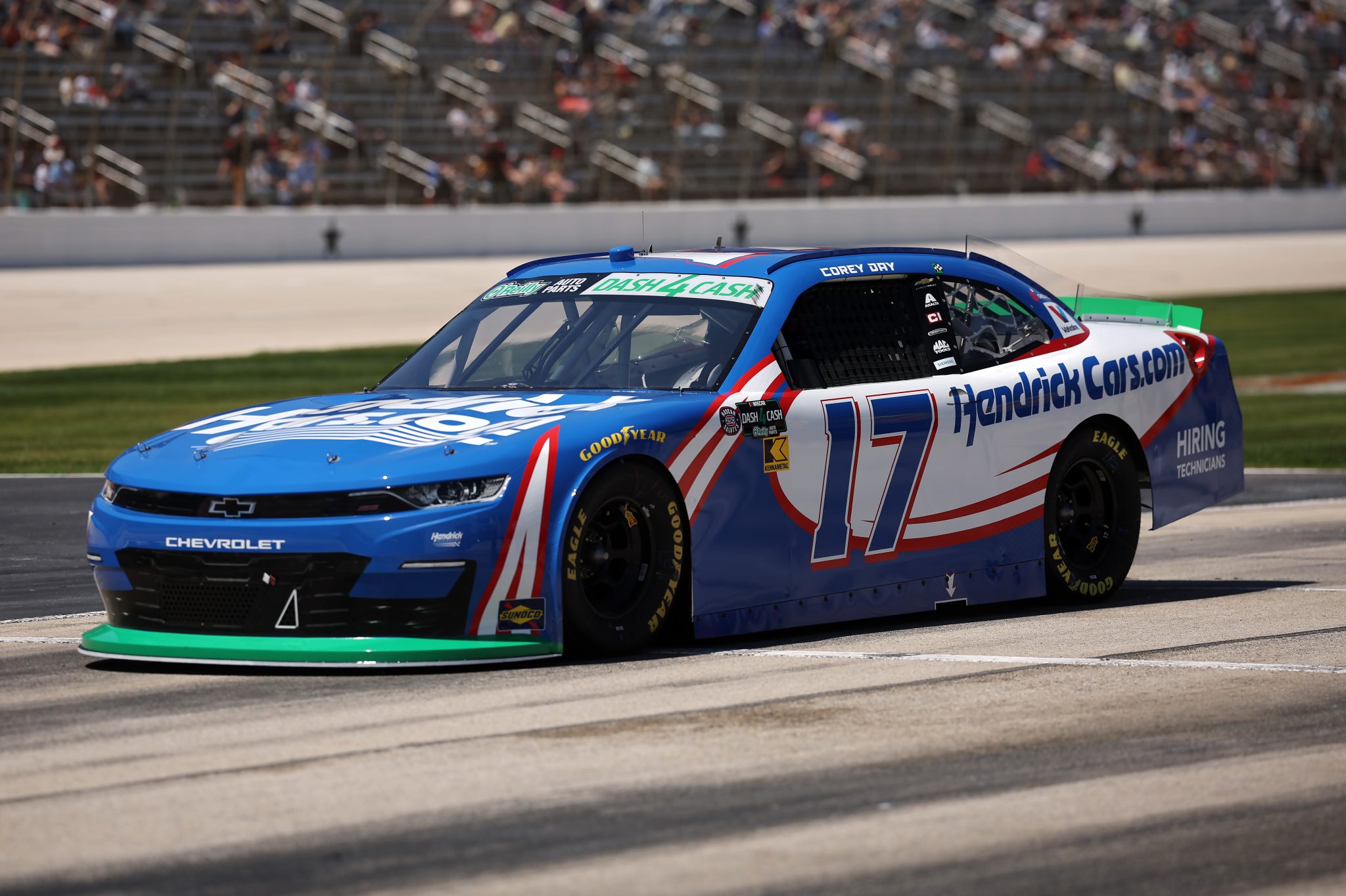FORT WORTH, TEXAS - MAY 02: Corey Day, driver of the #17 HendrickCars.com Chevrolet, leaves the starting grid during the NASCAR O'Reilly Auto Parts Series Andy's Frozen Custard 340 at Texas Motor Speedway on May 02, 2026 in Fort Worth, Texas. (Photo by James Gilbert/Getty Images) | Getty Images
