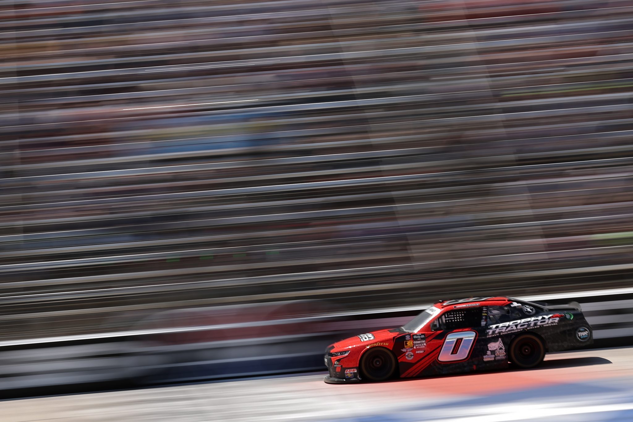 FORT WORTH, TEXAS - MAY 02: Garrett Smithley, driver of the #0 Trophy Tractor Chevrolet, races during the NASCAR O'Reilly Auto Parts Series Andy's Frozen Custard 340 at Texas Motor Speedway on May 02, 2026 in Fort Worth, Texas. (Photo by James Gilbert/Getty Images) | Getty Images