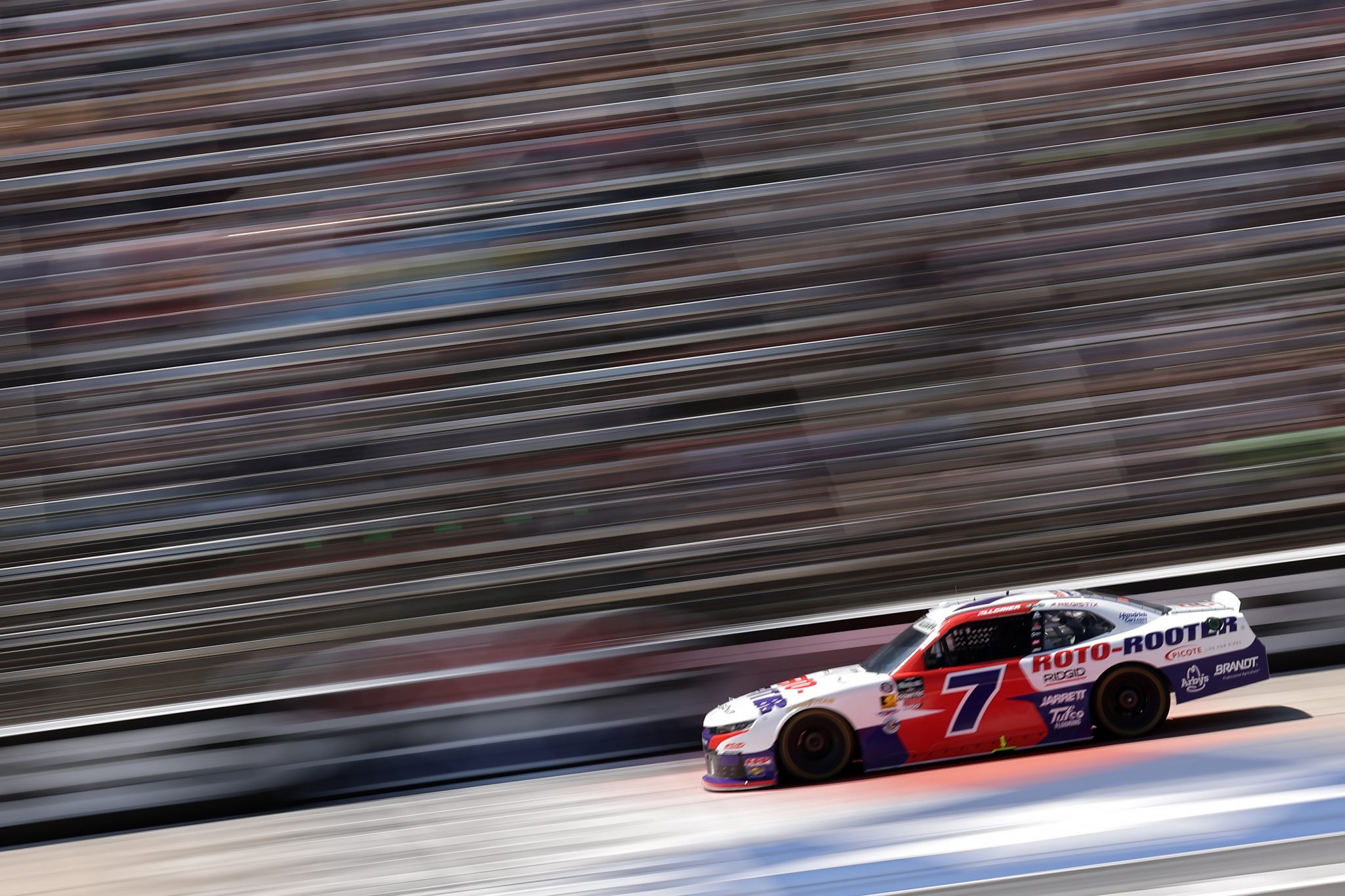FORT WORTH, TEXAS - MAY 02: Justin Allgaier, driver of the #7 Roto-Rooter Chevrolet, races during the NASCAR O'Reilly Auto Parts Series Andy's Frozen Custard 340 at Texas Motor Speedway on May 02, 2026 in Fort Worth, Texas. (Photo by James Gilbert/Getty Images) | Getty Images