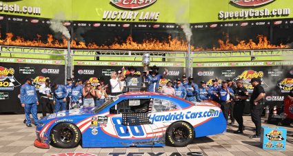 FORT WORTH, TEXAS - MAY 02: Kyle Larson, driver of the #88 HendrickCars.com Chevrolet, celebrates in victory lane after winning the NASCAR O'Reilly Auto Parts Series Andy's Frozen Custard 340 at Texas Motor Speedway on May 02, 2026 in Fort Worth, Texas. (Photo by James Gilbert/Getty Images) | Getty Images