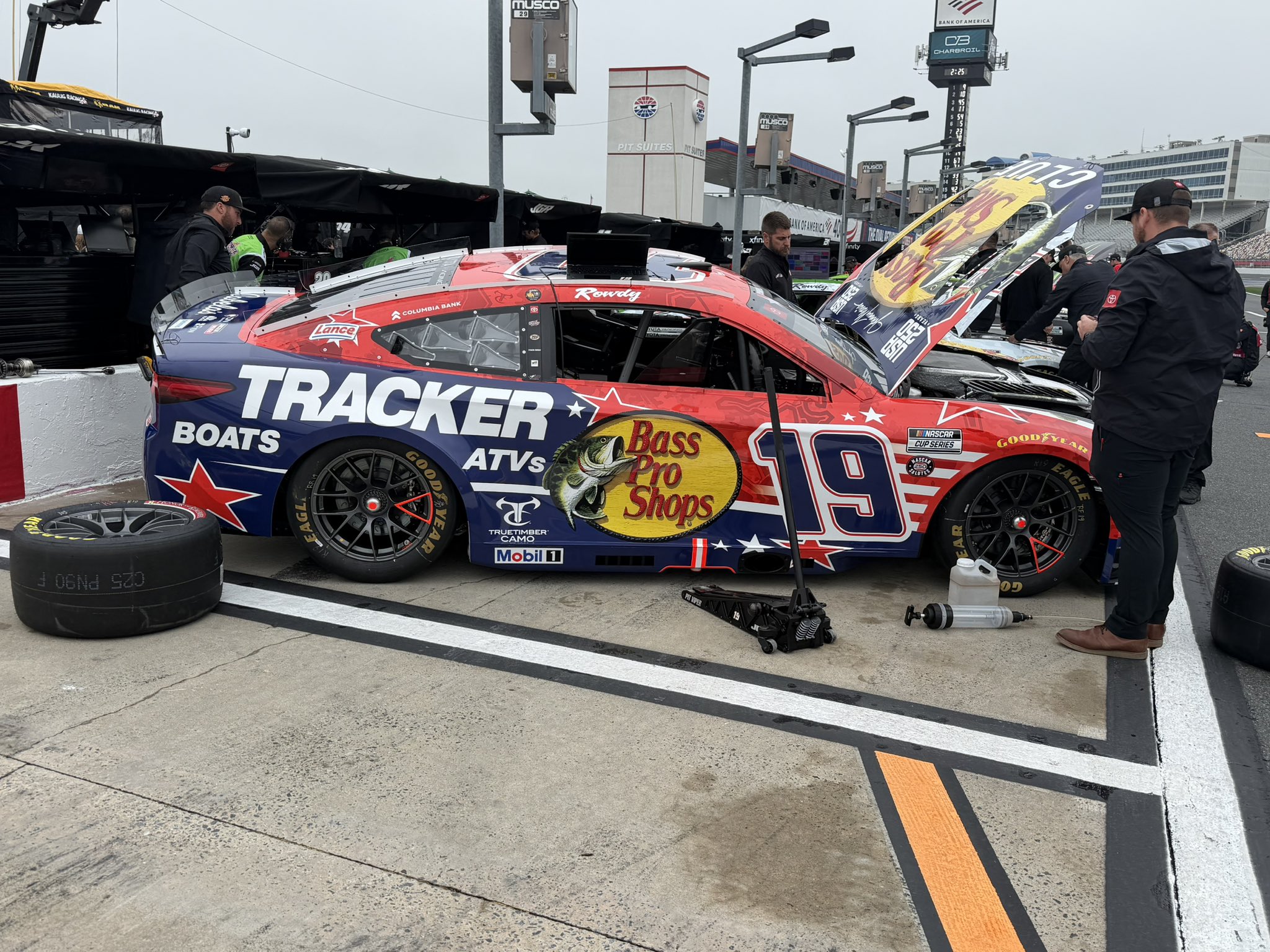 Chase Briscoe's #19 Bass Pro Shops Toyota prior to practice for the 2026 Coca-Cola 600 NASCAR Cup Series race at Charlotte Motor Speedway. Image taken by Dustin Albino of Jayski.com.