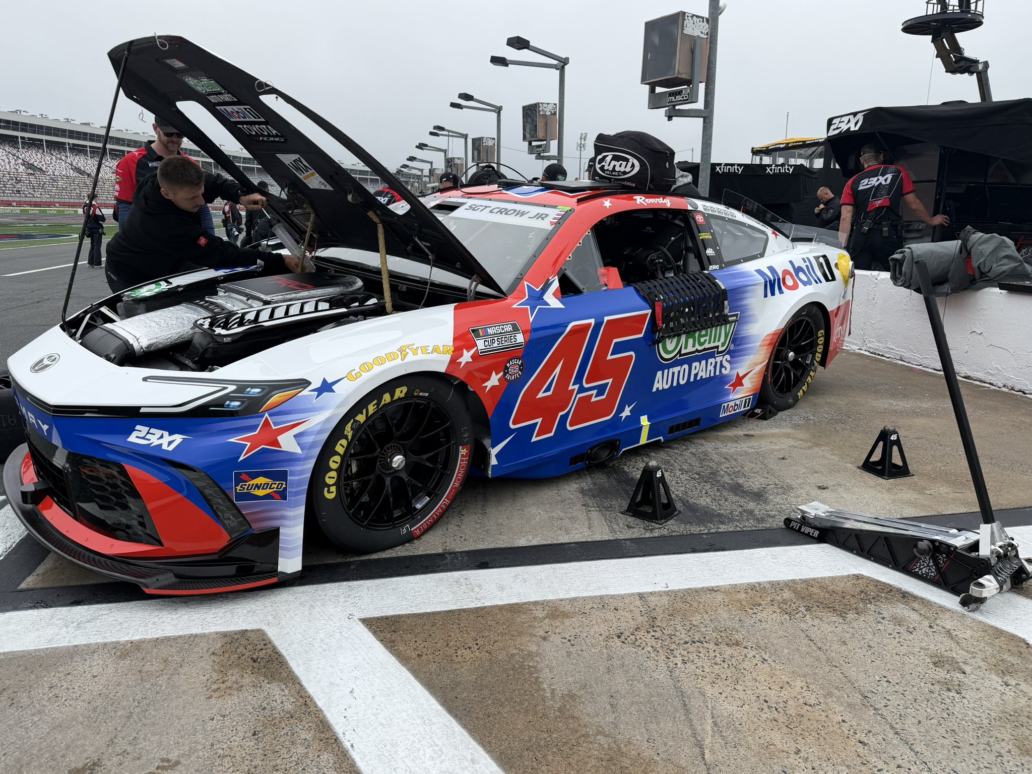 Tyler Reddick's #45 Mobil 1 / O'Reilly Auto Parts Toyota prior to practice for the 2026 Coca-Cola 600 NASCAR Cup Series race at Charlotte Motor Speedway. Image taken by Dustin Albino of Jayski.com.