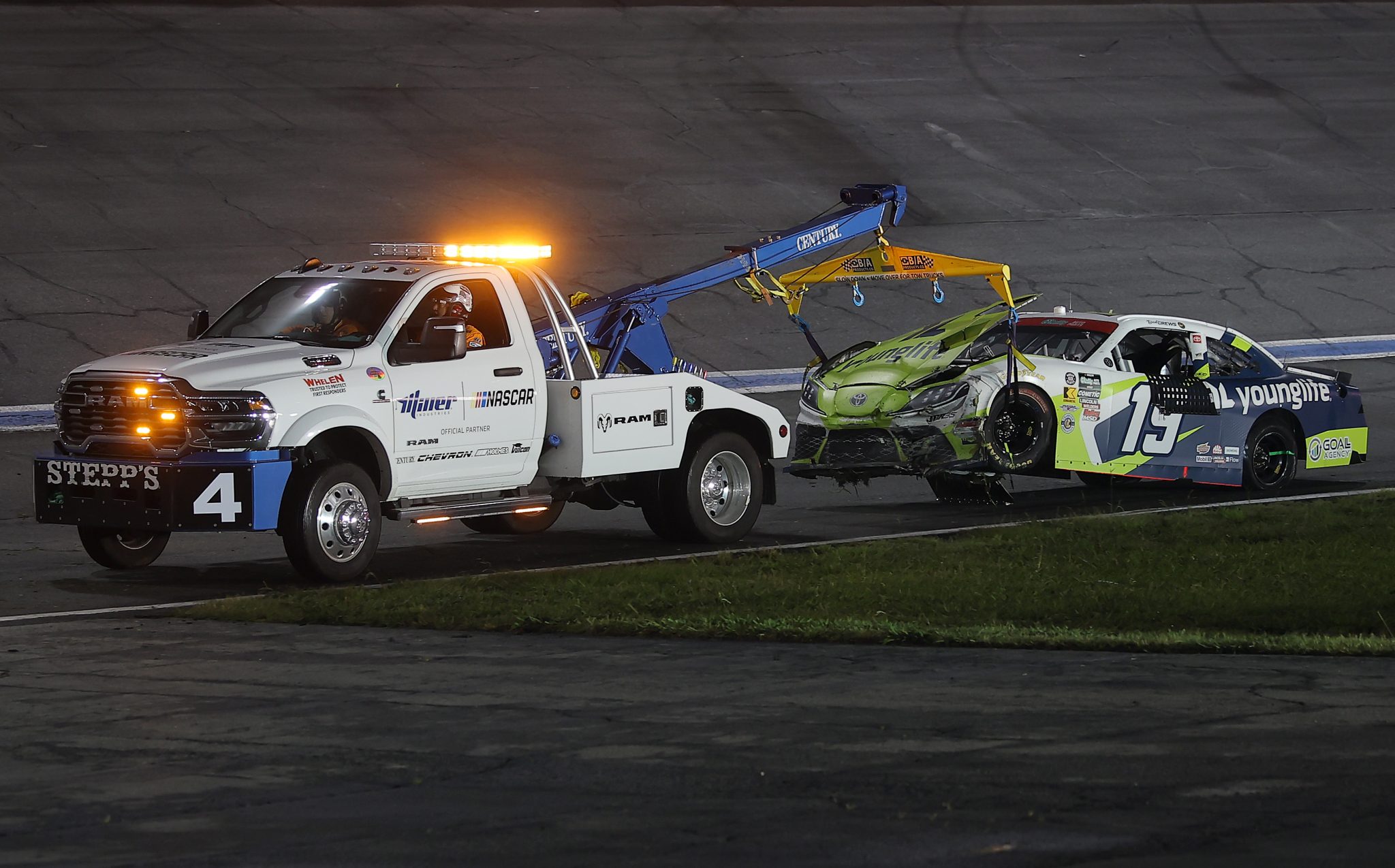CONCORD, NORTH CAROLINA - MAY 23: The #19 YoungLife Toyota, driven by Brent Crews is towed after an on-track incident during the NASCAR O'Reilly Auto Parts Series Charbroil 300 at Charlotte Motor Speedway on May 23, 2026 in Concord, North Carolina. (Photo by Jonathan Bachman/Getty Images) | Getty Images