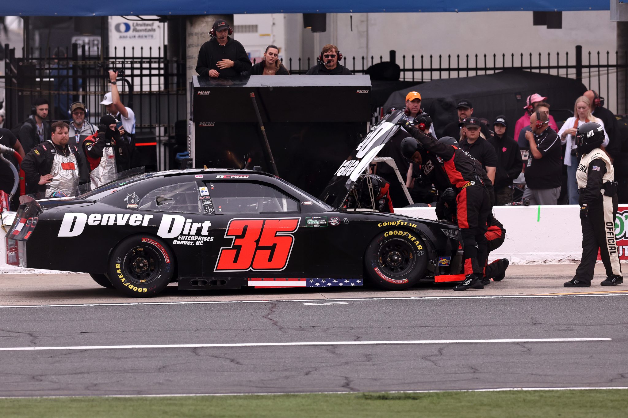 CONCORD, NORTH CAROLINA - MAY 23: Dawson Cram, driver of the #35 Denver Dirt Chevrolet, pits during the NASCAR O'Reilly Auto Parts Series Charbroil 300 at Charlotte Motor Speedway on May 23, 2026 in Concord, North Carolina. (Photo by David Jensen/Getty Images) | Getty Images