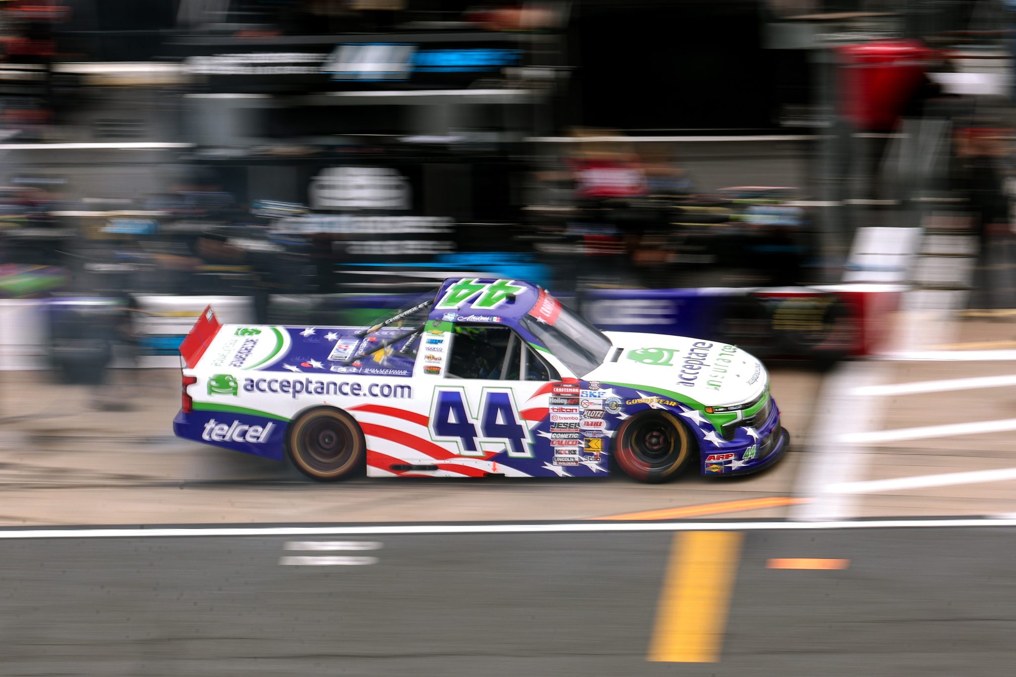 CONCORD, NORTH CAROLINA - MAY 24: Andres Perez De Lara, driver of the #44 Acceptance Insurance Chevrolet, exits pit road during the NASCAR Craftsman Truck Series North Carolina Education Lottery 200 at Charlotte Motor Speedway on May 24, 2026 in Concord, North Carolina. (Photo by David Jensen/Getty Images) | Getty Images
