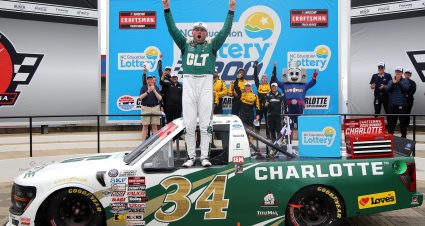 CONCORD, NORTH CAROLINA - MAY 24: Layne Riggs, driver of the #34 University of North Carolina at Charlotte Ford, celebrates in victory lane after winning the NASCAR Craftsman Truck Series North Carolina Education Lottery 200 at Charlotte Motor Speedway on May 24, 2026 in Concord, North Carolina. (Photo by Jonathan Bachman/Getty Images) | Getty Images