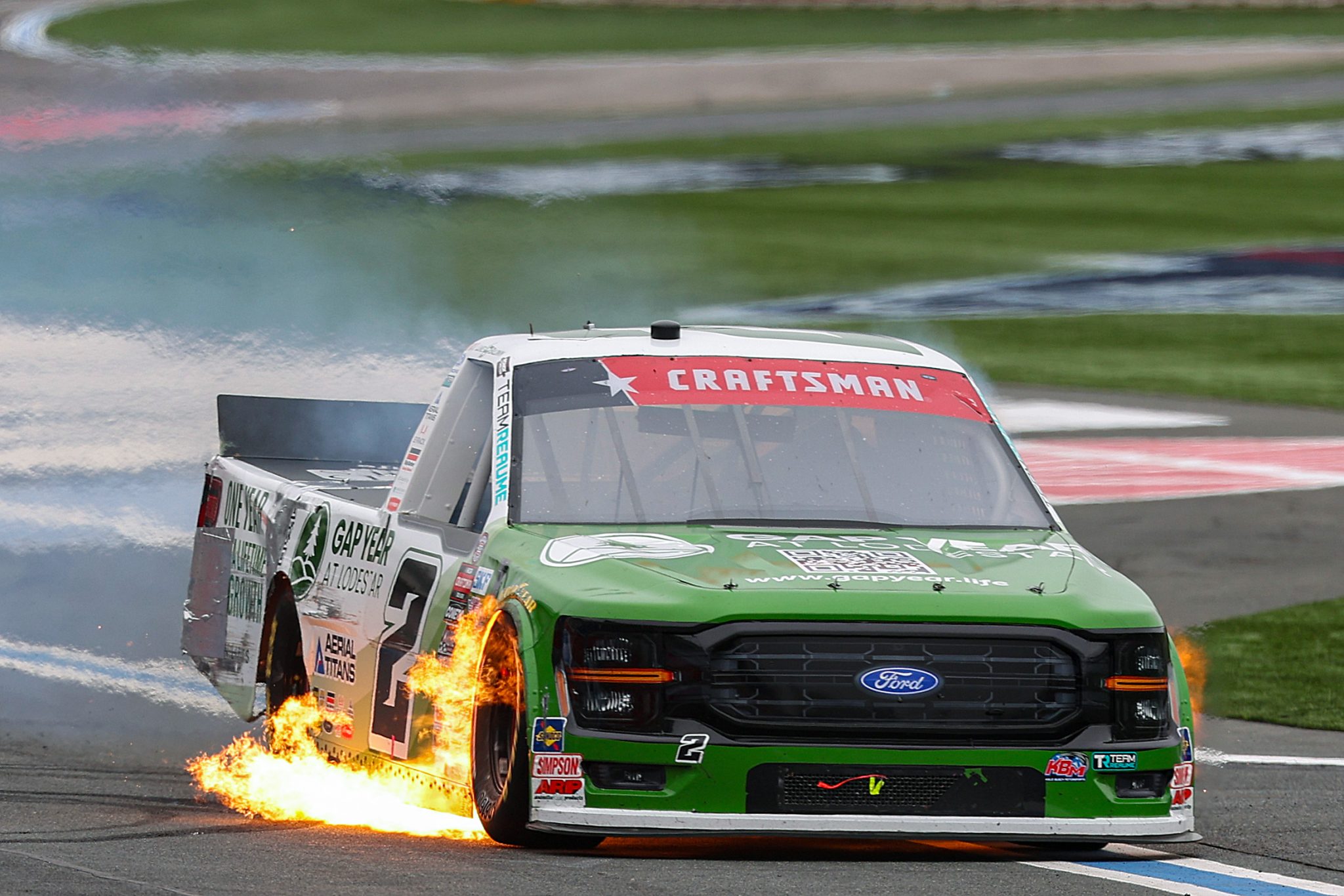CONCORD, NORTH CAROLINA - MAY 24: Luke Baldwin, driver of the #2 Gap Year at Lodestar Ford, drives with spins after an on-track incident during the NASCAR Craftsman Truck Series North Carolina Education Lottery 200 at Charlotte Motor Speedway on May 24, 2026 in Concord, North Carolina. (Photo by David Jensen/Getty Images) | Getty Images