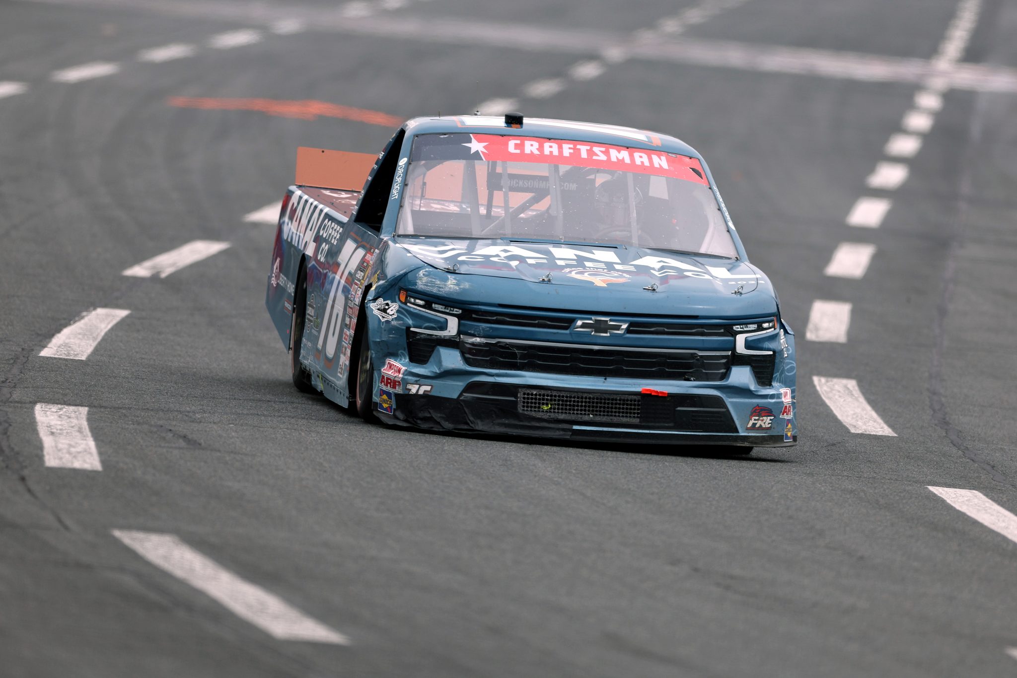 CONCORD, NORTH CAROLINA - MAY 24: Spencer Boyd, driver of the #76 Canal Coffee Co Chevrolet, drives a damaged car during the NASCAR Craftsman Truck Series North Carolina Education Lottery 200 at Charlotte Motor Speedway on May 24, 2026 in Concord, North Carolina. (Photo by David Jensen/Getty Images) | Getty Images