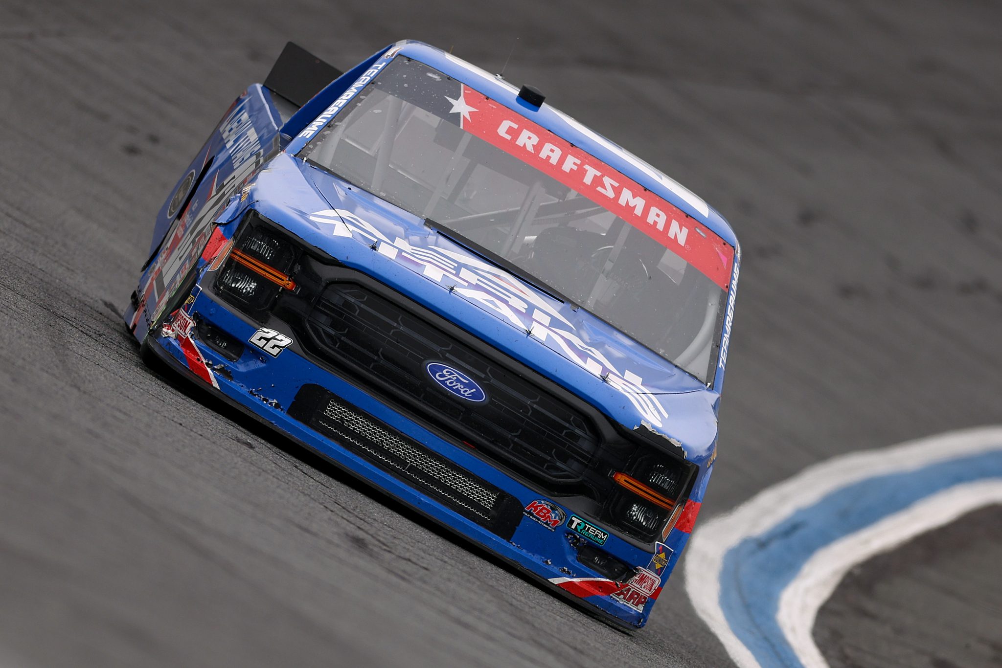 CONCORD, NORTH CAROLINA - MAY 24: Josh Reaume, driver of the #22 Aerial Titans Ford, drives during the NASCAR Craftsman Truck Series North Carolina Education Lottery 200 at Charlotte Motor Speedway on May 24, 2026 in Concord, North Carolina. (Photo by David Jensen/Getty Images) | Getty Images