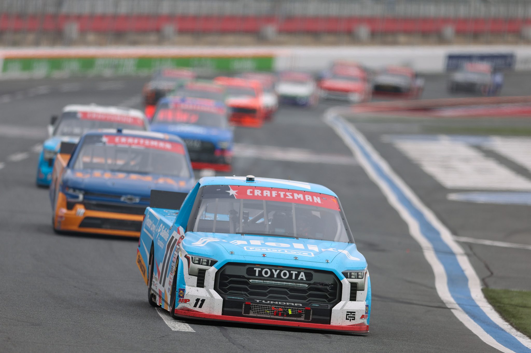 CONCORD, NORTH CAROLINA - MAY 24: Kaden Honeycutt, driver of the #11 Safelite/Foster Love Toyota, drives during the NASCAR Craftsman Truck Series North Carolina Education Lottery 200 at Charlotte Motor Speedway on May 24, 2026 in Concord, North Carolina. (Photo by David Jensen/Getty Images) | Getty Images