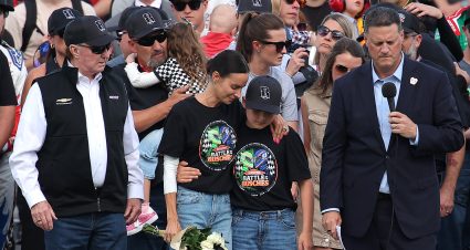 CONCORD, NORTH CAROLINA - MAY 24: (L-R) NASCAR Hall of Famer and RCR team owner, Richard Childress, Samantha Busch (wife) Brexton Busch (son) and NASCAR Chief Executive Officer Steve O’Donnell stand on the grid during the remembrance ceremony for Kyle Busch, who passed away suddenly at the age of 41, prior to the NASCAR Cup Series Coca-Cola 600 at Charlotte Motor Speedway on May 24, 2026 in Concord, North Carolina. (Photo by Jonathan Bachman/Getty Images) | Getty Images