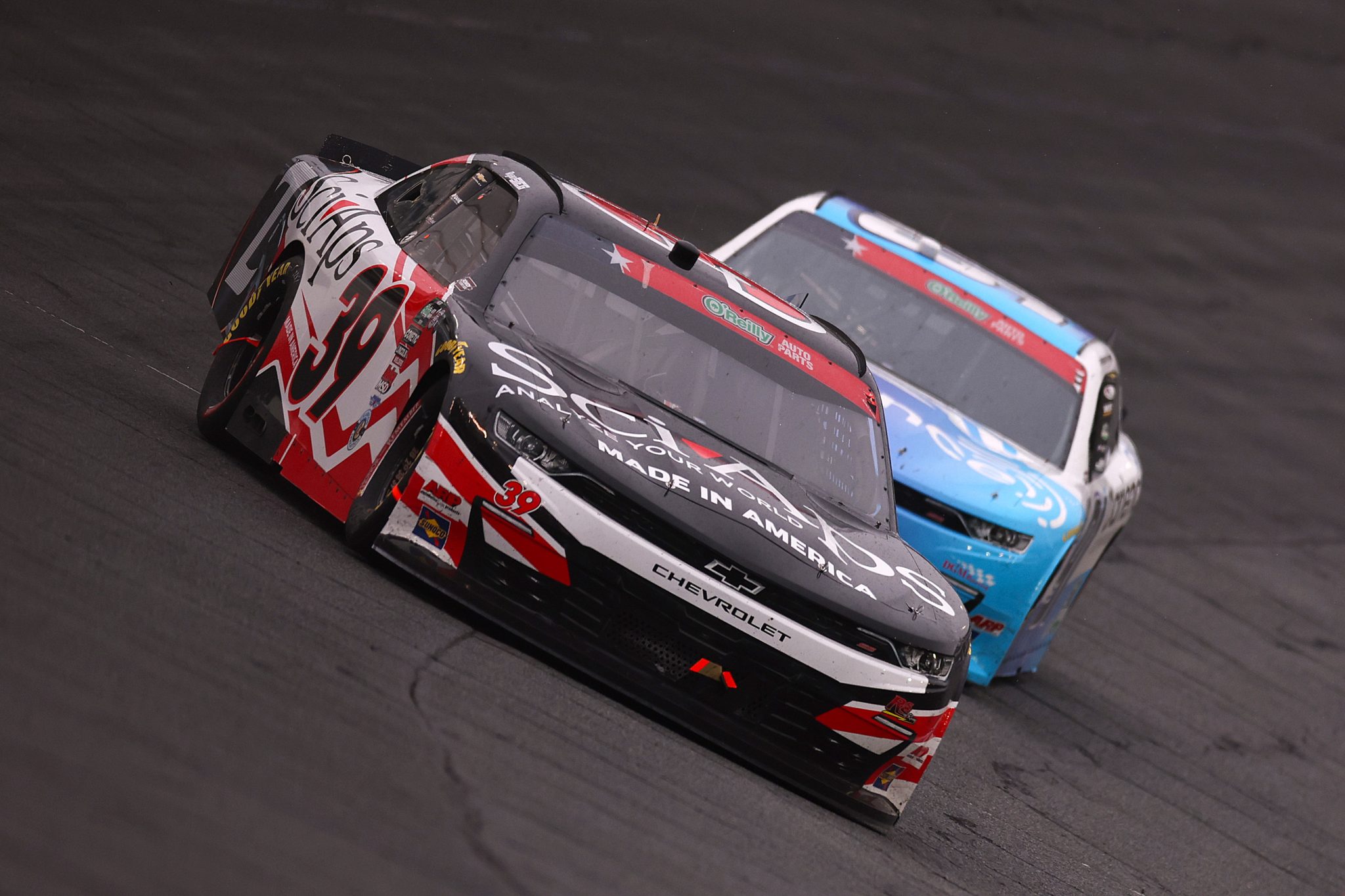 CONCORD, NORTH CAROLINA - MAY 23: Ryan Sieg, driver of the #39 SciAps Chevrolet, spins after an on-track incident during the NASCAR O'Reilly Auto Parts Series Charbroil 300 at Charlotte Motor Speedway on May 23, 2026 in Concord, North Carolina. (Photo by David Jensen/Getty Images) | Getty Images