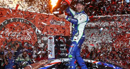 CONCORD, NORTH CAROLINA - MAY 24: Daniel Suarez, driver of the #7 Freeway Insurance Chevrolet, celebrates in victory lane after winning the NASCAR Cup Series Coca-Cola 600 at Charlotte Motor Speedway on May 24, 2026 in Concord, North Carolina. (Photo by Krista Jasso/Getty Images) | Getty Images