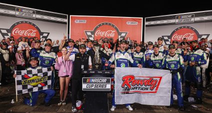 CONCORD, NORTH CAROLINA - MAY 24: Daniel Suarez, driver of the #7 Freeway Insurance Chevrolet, and crew pose with a 