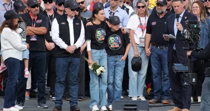 CONCORD, NORTH CAROLINA - MAY 24: (L-R) NASCAR Hall of Famer and RCR team owner, Richard Childress, Samantha Busch (wife) Brexton Busch (son) and NASCAR Chief Executive Officer Steve O’Donnell at the remembrance ceremony for Kyle Busch, who passed away suddenly at the age of 41, on the grid prior to the NASCAR Cup Series Coca-Cola 600 at Charlotte Motor Speedway on May 24, 2026 in Concord, North Carolina. (Photo by Jonathan Bachman/Getty Images) | Getty Images