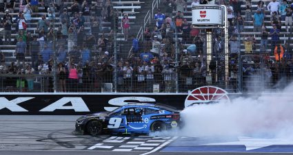 FORT WORTH, TEXAS - MAY 03: Chase Elliott, driver of the #9 Amazon Prime Chevrolet, celebrates with a burnout after winning the NASCAR Cup Series Würth 400 presented by LIQUI MOLY at Texas Motor Speedway on May 03, 2026 in Fort Worth, Texas. (Photo by James Gilbert/Getty Images) | Getty Images