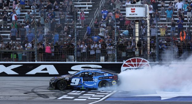 FORT WORTH, TEXAS - MAY 03: Chase Elliott, driver of the #9 Amazon Prime Chevrolet, celebrates with a burnout after winning the NASCAR Cup Series Würth 400 presented by LIQUI MOLY at Texas Motor Speedway on May 03, 2026 in Fort Worth, Texas. (Photo by James Gilbert/Getty Images) | Getty Images