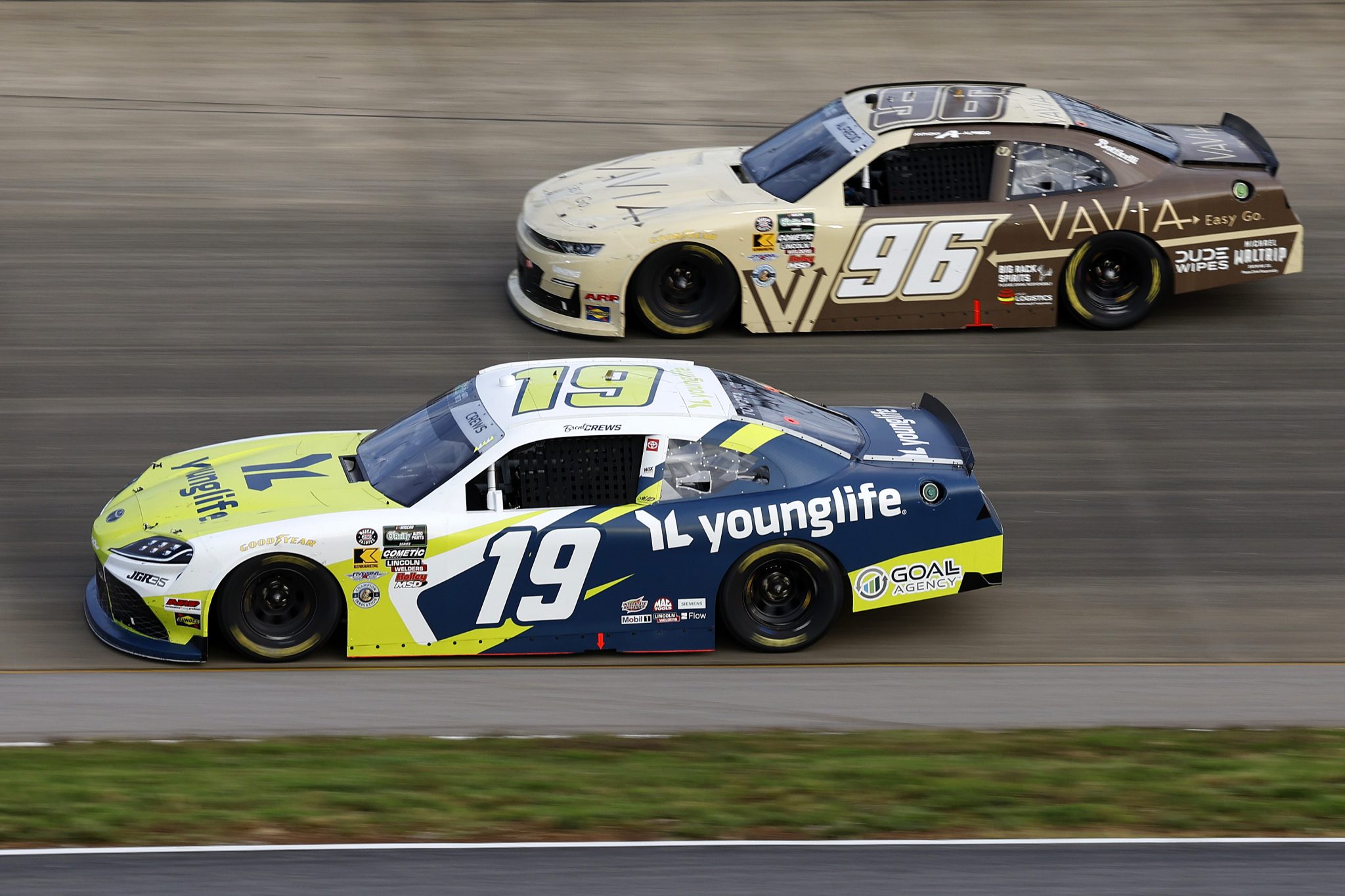 LEBANON, TENNESSEE - MAY 30: Brent Crews, driver of the #19 YoungLife Toyota, and Anthony Alfredo, driver of the #96 VaVia Chevrolet, race during the NASCAR O'Reilly Auto Parts Series Sports Illustrated Resorts 250 at Nashville Superspeedway on May 30, 2026 in Lebanon, Tennessee. (Photo by Sean Gardner/Getty Images) | Getty Images
