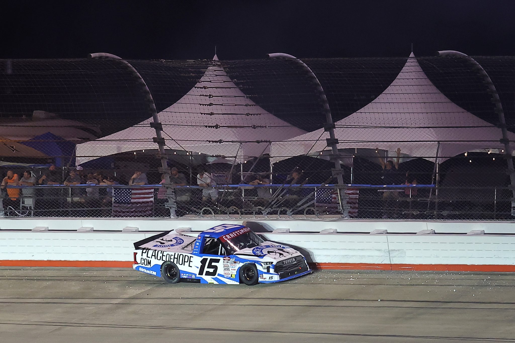 LEBANON, TENNESSEE - MAY 29: Tanner Gray, driver of the #15 Place of Hope Toyota, spins after an on-track incident during the NASCAR Craftsman Truck Series Allegiance 200 at Nashville Superspeedway on May 29, 2026 in Lebanon, Tennessee. (Photo by Jonathan Bachman/Getty Images) | Getty Images