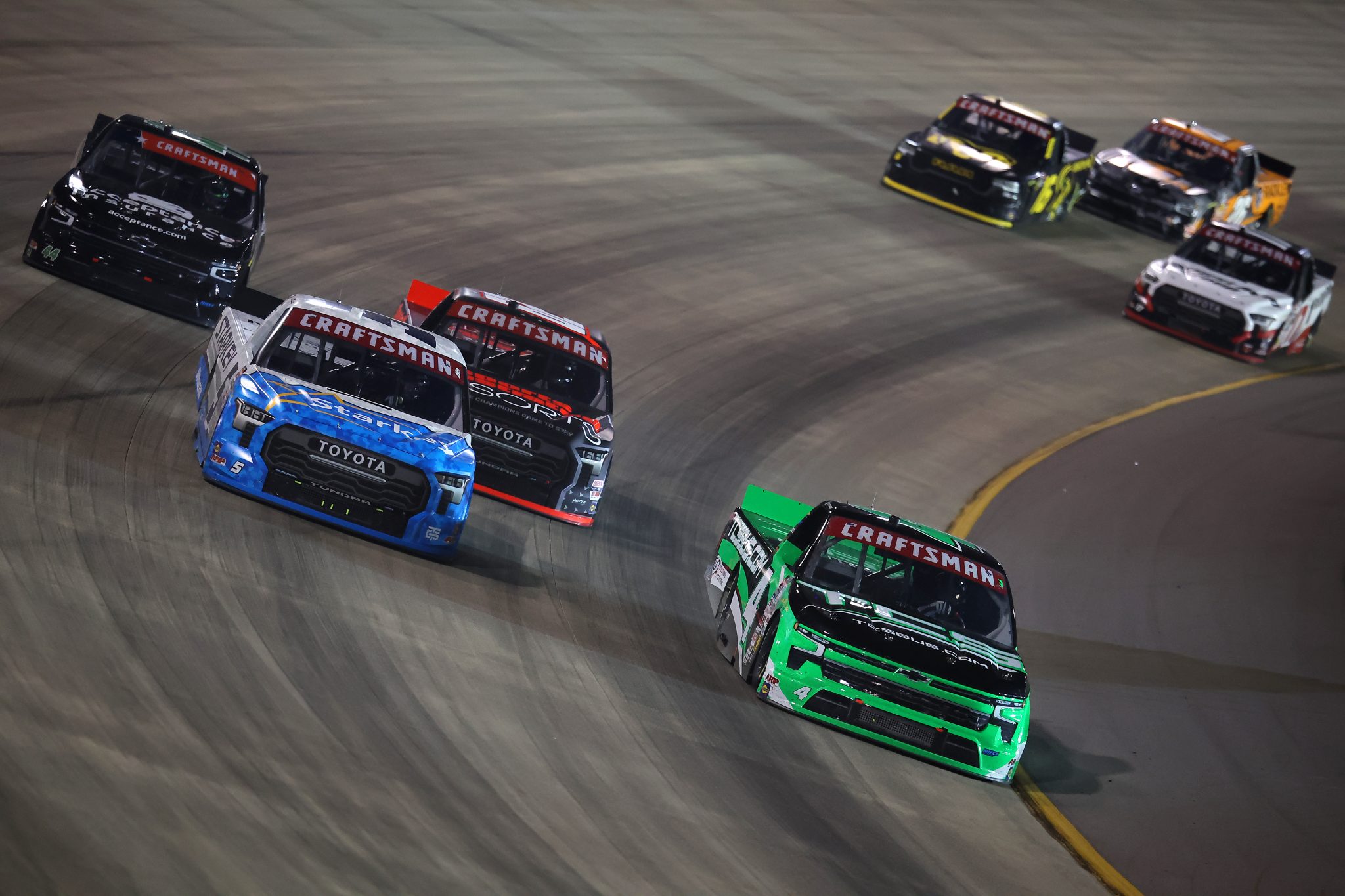 LEBANON, TENNESSEE - MAY 29: Stefan Parsons, driver of the #4 TCBUS.com Chevrolet, William Sawalich, driver of the #5 Starkey Toyota, Parker Retzlaff, driver of the #62 Sports Illustrated Resorts Toyota, and Andres Perez De Lara, driver of the #44 Acceptance Insurance Chevrolet, race during the NASCAR Craftsman Truck Series Allegiance 200 at Nashville Superspeedway on May 29, 2026 in Lebanon, Tennessee. (Photo by Jonathan Bachman/Getty Images) | Getty Images