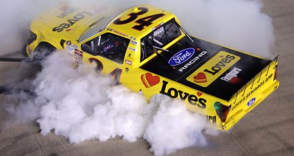 LEBANON, TENNESSEE - MAY 29: Layne Riggs, driver of the #34 Love's Travel Stops/Fleetguard Ford, celebrates with a burnout after winning the NASCAR Craftsman Truck Series Allegiance 200 at Nashville Superspeedway on May 29, 2026 in Lebanon, Tennessee. (Photo by Jonathan Bachman/Getty Images) | Getty Images