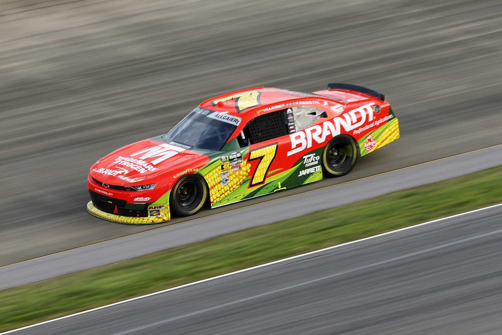 LEBANON, TENNESSEE - MAY 30: Justin Allgaier, driver of the #7 BRANDT/Precision Build/Trademark Chevrolet, drives during the NASCAR O'Reilly Auto Parts Series Sports Illustrated Resorts 250 at Nashville Superspeedway on May 30, 2026 in Lebanon, Tennessee. (Photo by Sean Gardner/Getty Images) | Getty Images