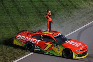 LEBANON, TENNESSEE - MAY 30: Justin Allgaier, driver of the #7 BRANDT/Precision Build/Trademark Chevrolet, celebrates after winning the NASCAR O'Reilly Auto Parts Series Sports Illustrated Resorts 250 at Nashville Superspeedway on May 30, 2026 in Lebanon, Tennessee. (Photo by Jonathan Bachman/Getty Images) | Getty Images