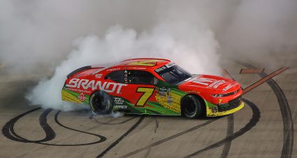 LEBANON, TENNESSEE - MAY 30: Justin Allgaier, driver of the #7 BRANDT/Precision Build/Trademark Chevrolet, celebrates with a burnout after winning the NASCAR O'Reilly Auto Parts Series Sports Illustrated Resorts 250 at Nashville Superspeedway on May 30, 2026 in Lebanon, Tennessee. (Photo by Jonathan Bachman/Getty Images) | Getty Images
