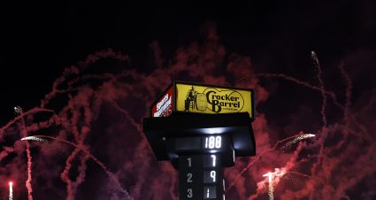 LEBANON, TENNESSEE - MAY 30: A general view of the scoring pylon as fireworks erupt after Justin Allgaier, driver of the #7 BRANDT/Precision Build/Trademark Chevrolet, wins the NASCAR O'Reilly Auto Parts Series Sports Illustrated Resorts 250 at Nashville Superspeedway on May 30, 2026 in Lebanon, Tennessee. (Photo by Sean Gardner/Getty Images) | Getty Images