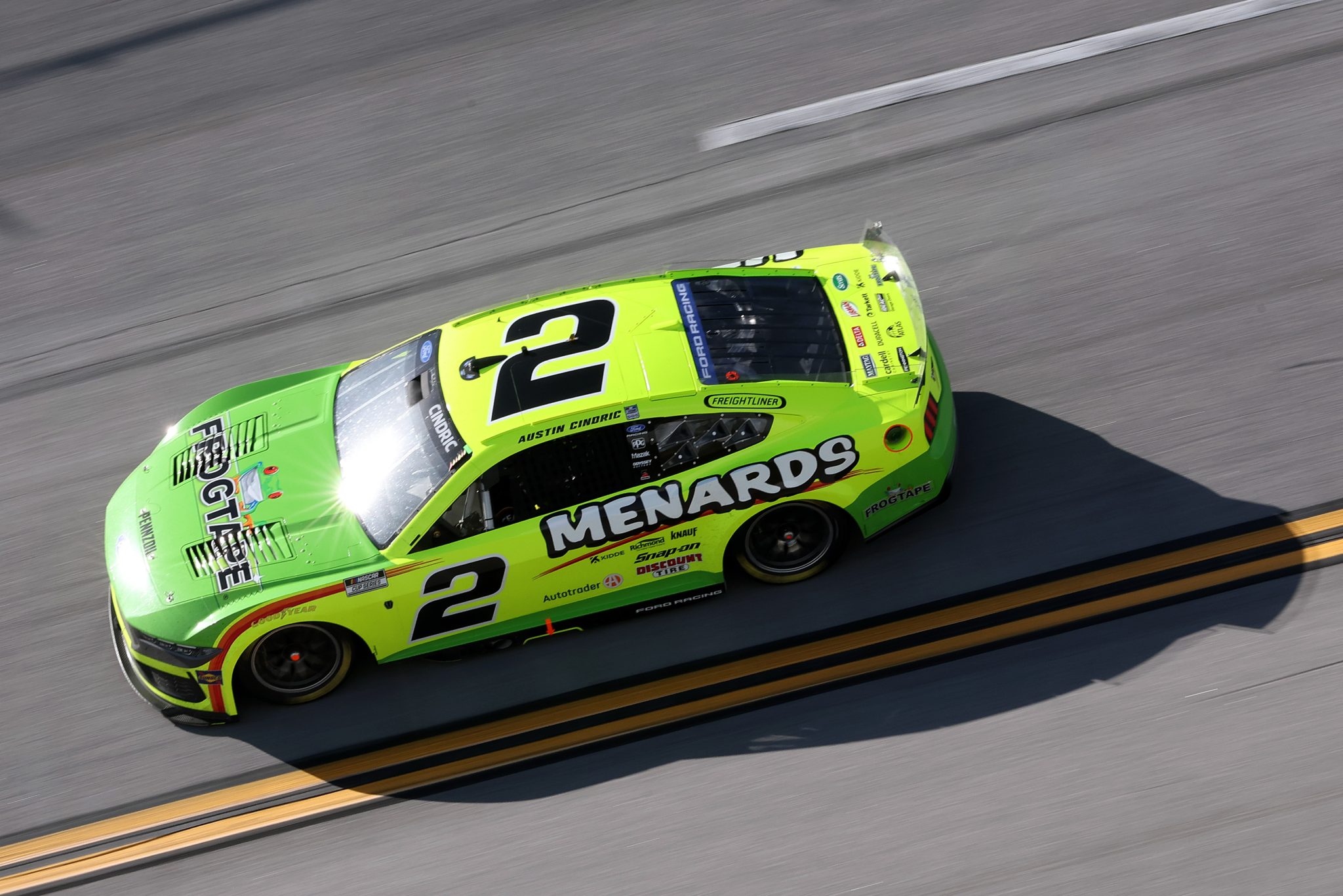 TALLADEGA, ALABAMA - APRIL 26: Austin Cindric, driver of the #2 Menards/FrogTape Ford, drives during the NASCAR Cup Series Jack Link's 500 at Talladega Superspeedway on April 26, 2026 in Talladega, Alabama. (Photo by David Jensen/Getty Images) | Getty Images
