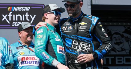 SONOMA, CALIFORNIA - JULY 12: Connor Zilisch, driver of the #88 Roto-Rooter Chevrolet, (L) is congratulated by Shane Van Gisbergen, driver of the #9 Quad Lock Chevrolet, in victory lane after winning the NASCAR Xfinity Series Pit Boss/FoodMaxx 250 at Sonoma Raceway on July 12, 2025 in Sonoma, California. (Photo by Chris Graythen/Getty Images) | Getty Images