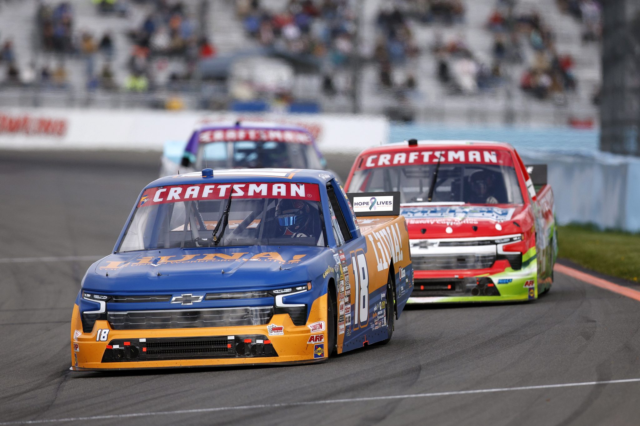 WATKINS GLEN, NEW YORK - MAY 08: Tyler Ankrum, driver of the #18 LIUNA Chevrolet, drives during the NASCAR Craftsman Truck Series Bully Hill Vineyards 176 at The Glen at Watkins Glen International on May 08, 2026 in Watkins Glen, New York. (Photo by Sean Gardner/Getty Images) | Getty Images