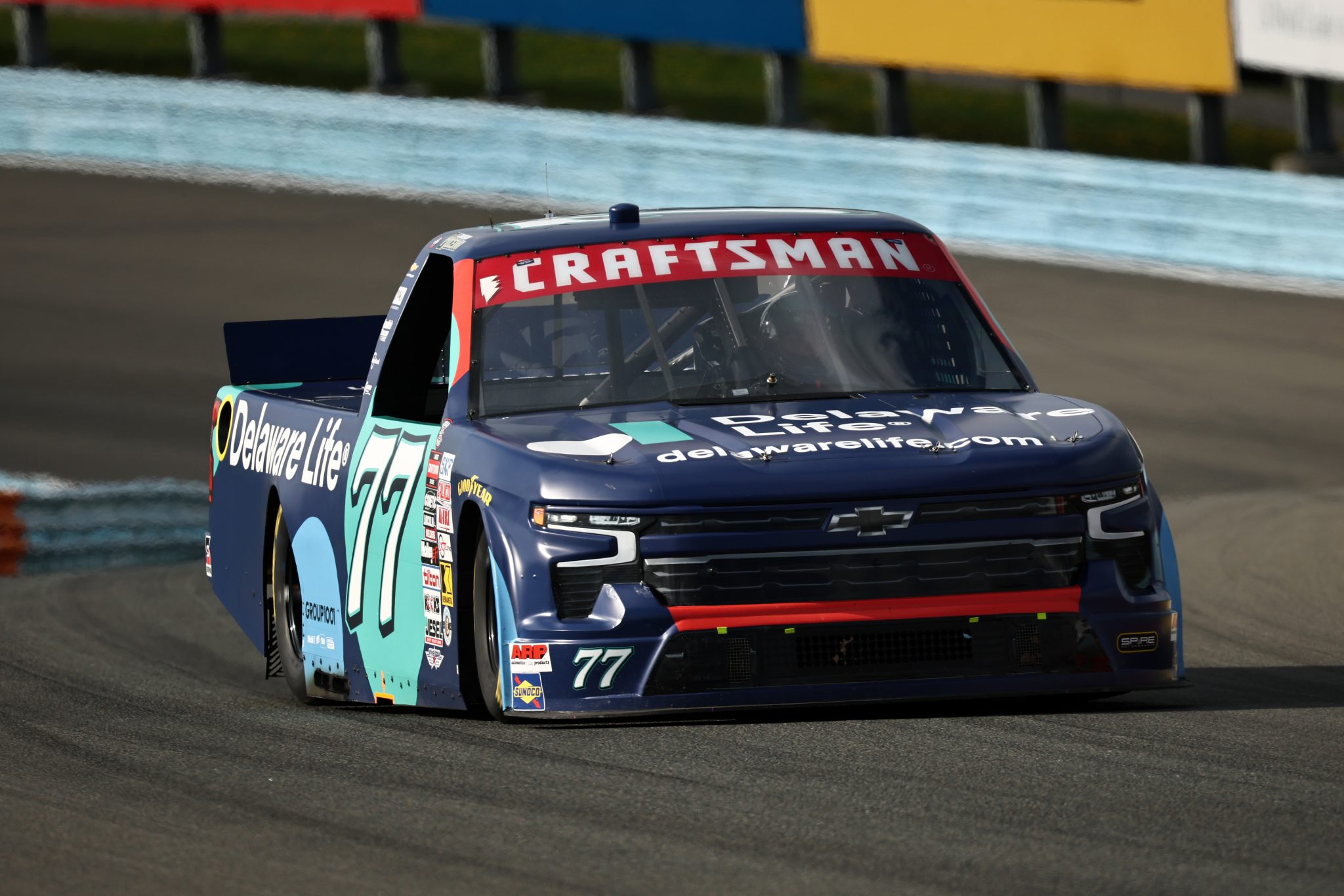 WATKINS GLEN, NEW YORK - MAY 08: Carson Hocevar, driver of the #77 Delaware Life Chevrolet, drives during the NASCAR Craftsman Truck Series Bully Hill Vineyards 176 at The Glen at Watkins Glen International on May 08, 2026 in Watkins Glen, New York. (Photo by Chris Graythen/Getty Images) | Getty Images