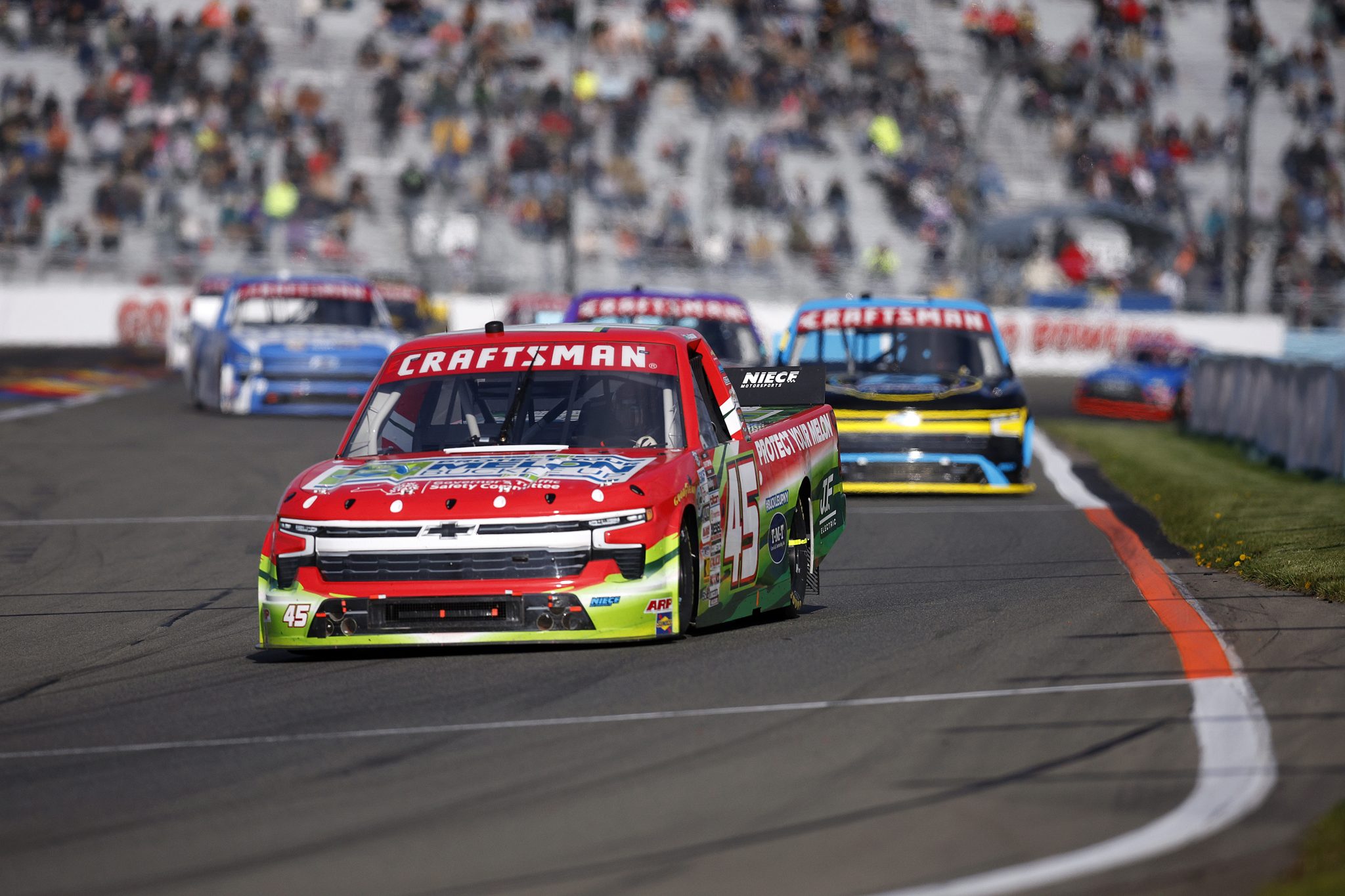 WATKINS GLEN, NEW YORK - MAY 08: Ross Chastain, driver of the #45 NY Governor's Traffic Safety Committee Chevrolet, drives during the NASCAR Craftsman Truck Series Bully Hill Vineyards 176 at The Glen at Watkins Glen International on May 08, 2026 in Watkins Glen, New York. (Photo by Sean Gardner/Getty Images) | Getty Images