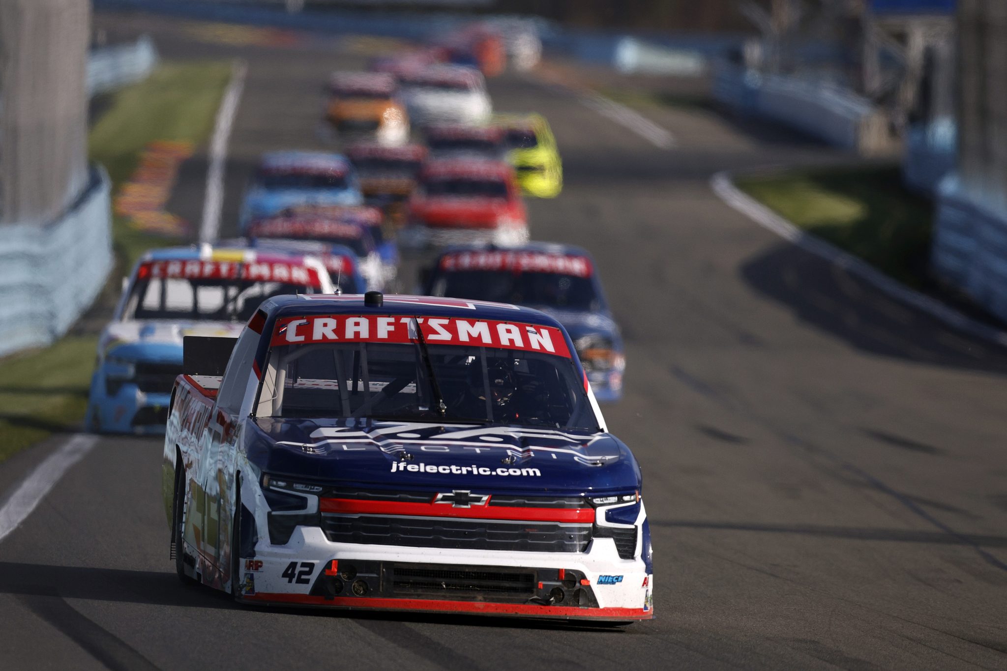 WATKINS GLEN, NEW YORK - MAY 08: Tyler Reif, driver of the #42 J.F. Electric/Utilitra Chevrolet, drives during the NASCAR Craftsman Truck Series Bully Hill Vineyards 176 at The Glen at Watkins Glen International on May 08, 2026 in Watkins Glen, New York. (Photo by Sean Gardner/Getty Images) | Getty Images