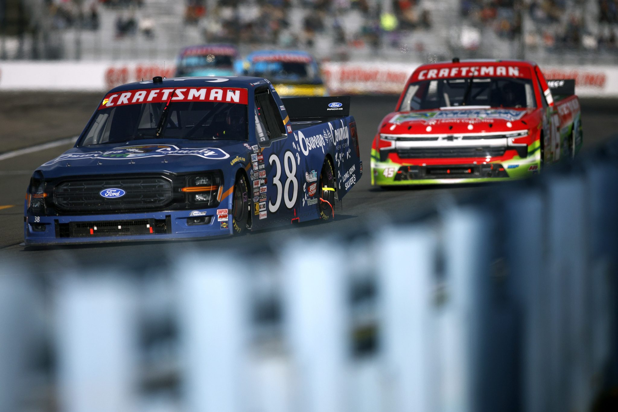 WATKINS GLEN, NEW YORK - MAY 08: Chandler Smith, driver of the #38 VisitOswegoCounty.com Ford, drives during the NASCAR Craftsman Truck Series Bully Hill Vineyards 176 at The Glen at Watkins Glen International on May 08, 2026 in Watkins Glen, New York. (Photo by Sean Gardner/Getty Images) | Getty Images