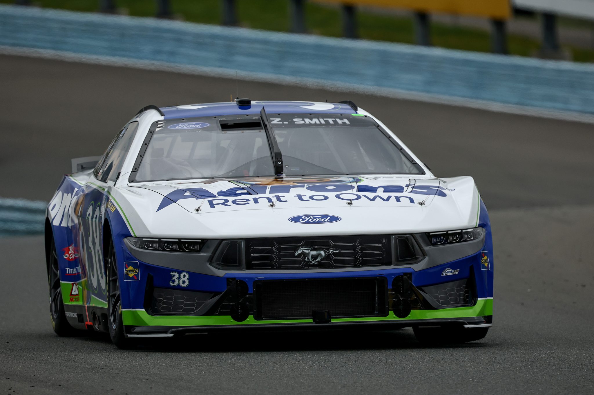 WATKINS GLEN, NEW YORK - MAY 09: Zane Smith, driver of the #38 Aaron's Rent To Own Ford, drives during practice for the NASCAR Cup Series Go Bowling at The Glen at Watkins Glen International on May 09, 2026 in Watkins Glen, New York. (Photo by Chris Graythen/Getty Images) | Getty Images