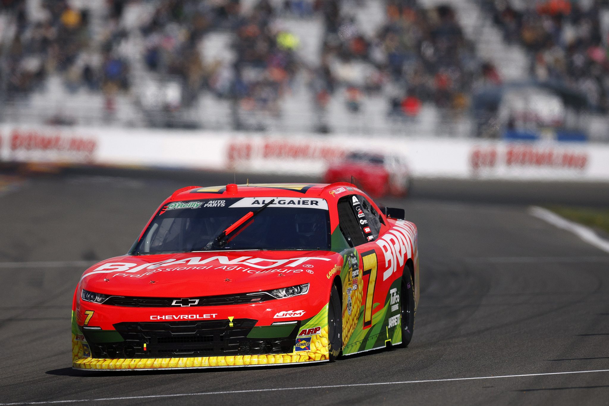 WATKINS GLEN, NEW YORK - MAY 09: Justin Allgaier, driver of the #7 BRANDT Professional Agriculture Chevrolet, drives during the NASCAR O'Reilly Auto Parts Series Mission 200 at The Glen at Watkins Glen International on May 09, 2026 in Watkins Glen, New York. (Photo by Sean Gardner/Getty Images) | Getty Images