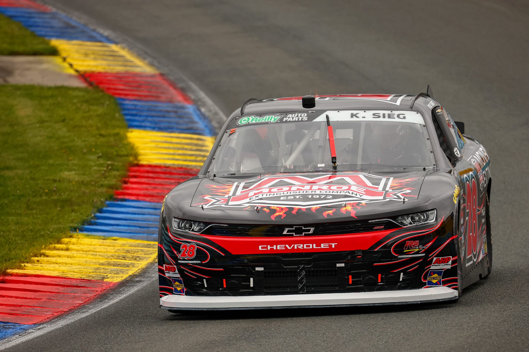 WATKINS GLEN, NEW YORK - MAY 09: Kyle Sieg, driver of the #28 Monroe Extinguisher Chevrolet, drives during practice for the NASCAR O'Reilly Auto Parts Series Mission 200 at The Glen at Watkins Glen International on May 09, 2026 in Watkins Glen, New York. (Photo by Chris Graythen/Getty Images) | Getty Images
