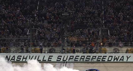 LEBANON, TENNESSEE - MAY 31: Denny Hamlin, driver of the #11 Progressive Insurance Toyota, celebrates with a burnout after winning the NASCAR Cup Series Cracker Barrel 400 at Nashville Superspeedway on May 31, 2026 in Lebanon, Tennessee. (Photo by Jonathan Bachman/Getty Images) | Getty Images
