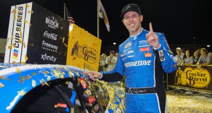 LEBANON, TENNESSEE - MAY 31: Denny Hamlin, driver of the #11 Progressive Insurance Toyota, poses with the winner sticker on his car in victory lane after winning the NASCAR Cup Series Cracker Barrel 400 at Nashville Superspeedway on May 31, 2026 in Lebanon, Tennessee. (Photo by Jonathan Bachman/Getty Images) | Getty Images
