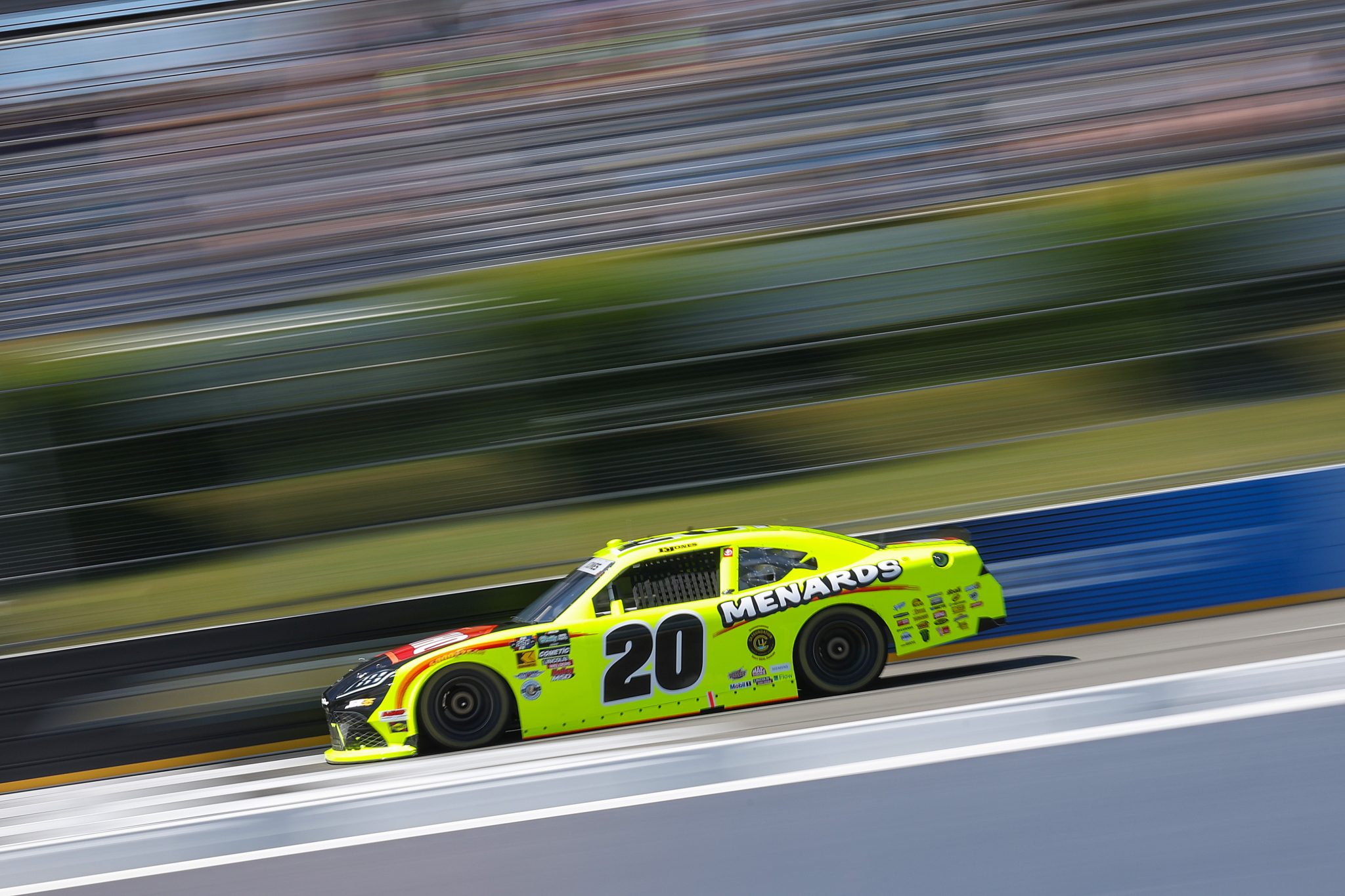 LONG POND, PENNSYLVANIA - JUNE 13: Brandon Jones, driver of the #20 Menards/Ortho Toyota, drives during practice for the NASCAR O'Reilly Auto Parts Series MillerTech Battery 250 presented by KOA at Pocono Raceway on June 13, 2026 in Long Pond, Pennsylvania. (Photo by James Gilbert/Getty Images) | Getty Images