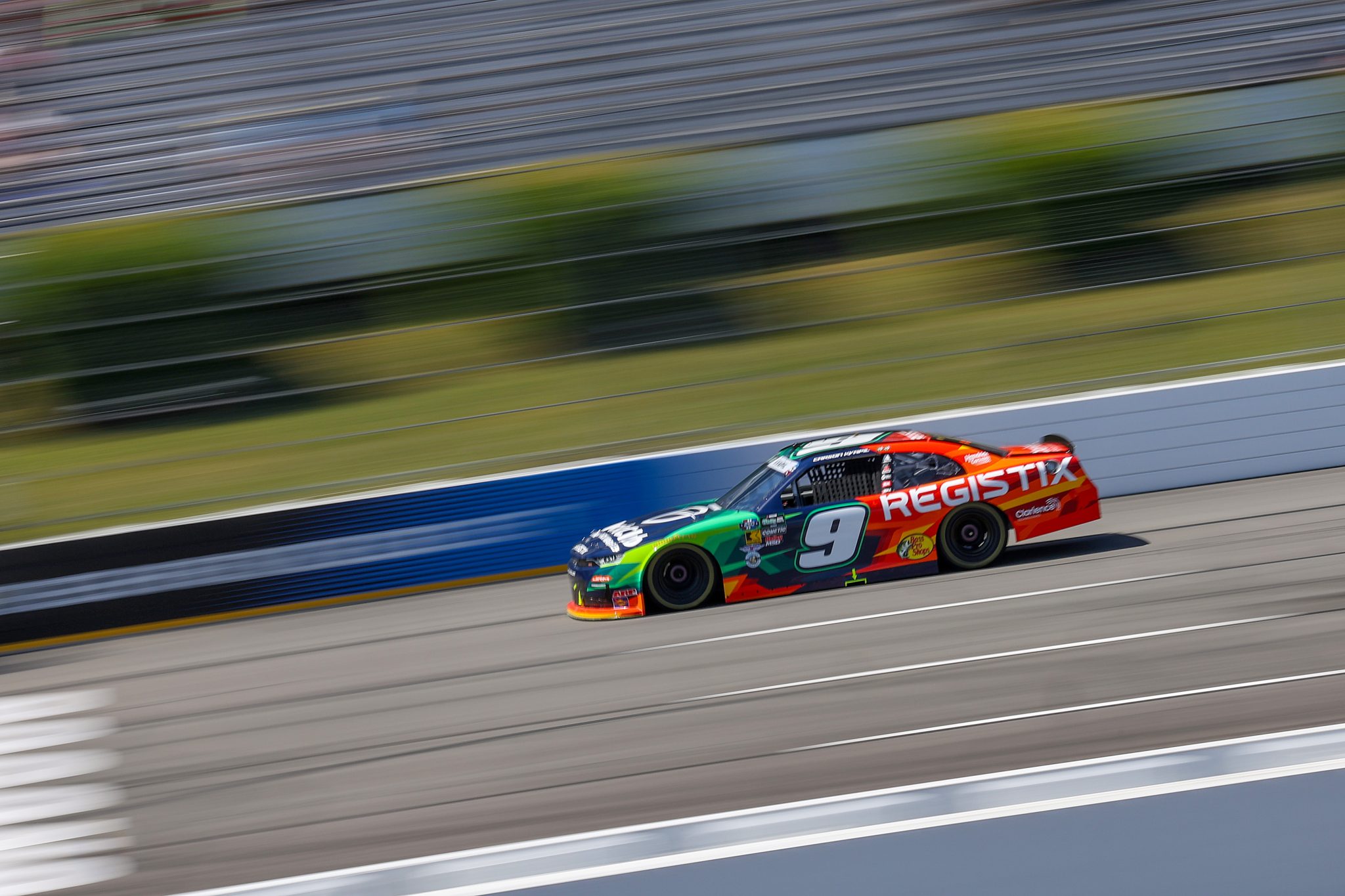 LONG POND, PENNSYLVANIA - JUNE 13: Carson Kvapili, driver of the #9 Registix/TruckClub Chevrolet, drives during practice for the NASCAR O'Reilly Auto Parts Series MillerTech Battery 250 presented by KOA at Pocono Raceway on June 13, 2026 in Long Pond, Pennsylvania. (Photo by James Gilbert/Getty Images) | Getty Images