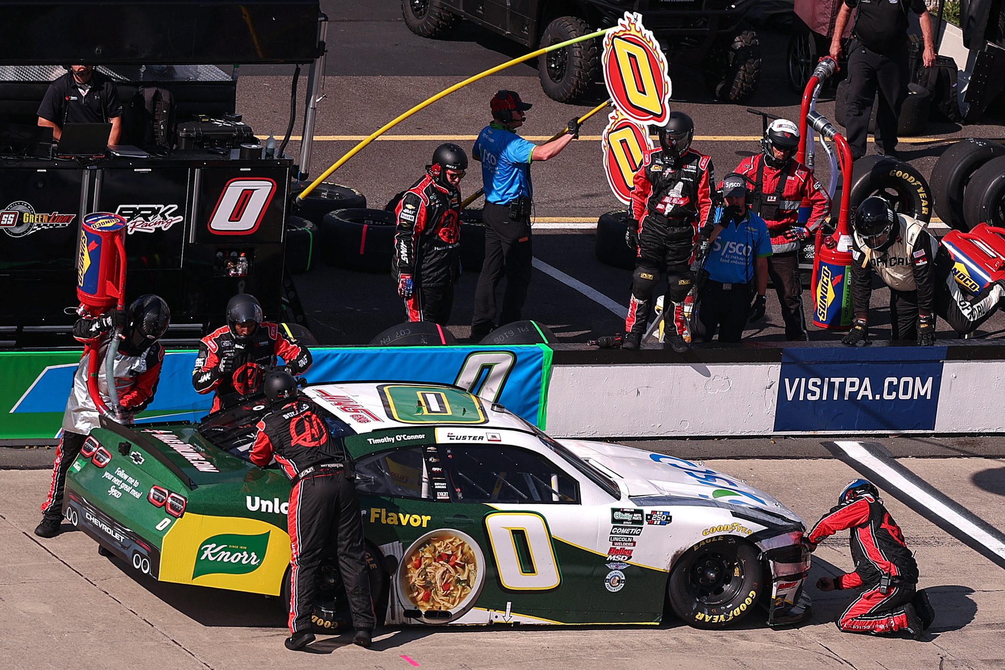LONG POND, PENNSYLVANIA - JUNE 13: Cole Custer, driver of the #0 Sysco Chevrolet, pits during the NASCAR O'Reilly Auto Parts Series MillerTech Battery 250 presented by KOA at Pocono Raceway on June 13, 2026 in Long Pond, Pennsylvania. (Photo by David Jensen/Getty Images) | Getty Images