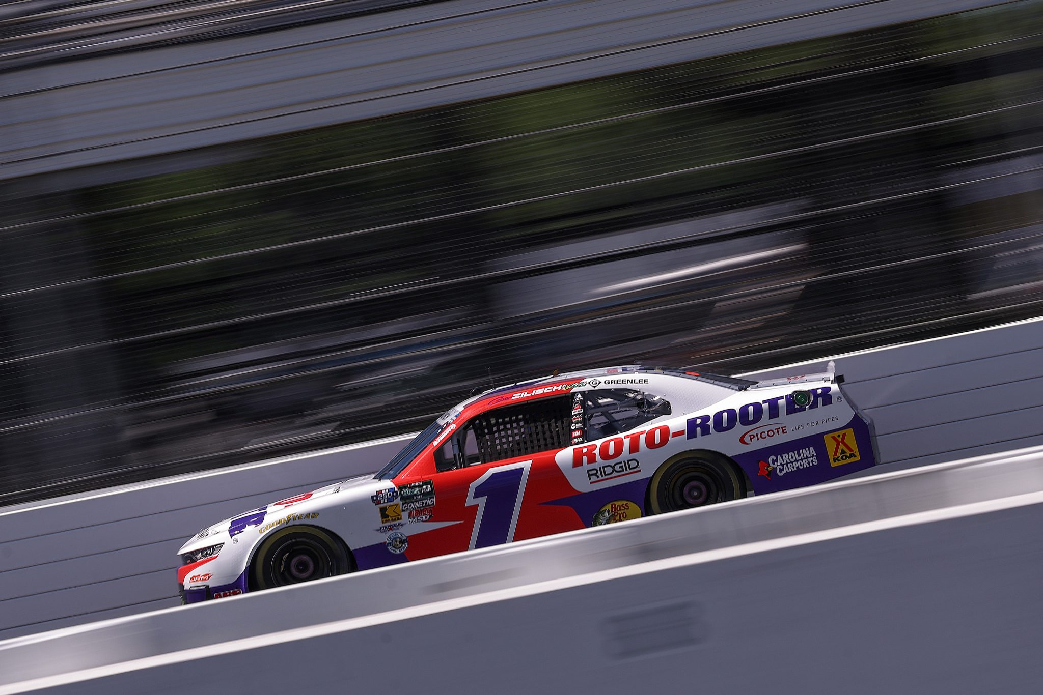 LONG POND, PENNSYLVANIA - JUNE 13: Connor Zilisch, driver of the #1 Roto-Rooter Chevrolet, drives during practice for the NASCAR O'Reilly Auto Parts Series MillerTech Battery 250 presented by KOA at Pocono Raceway on June 13, 2026 in Long Pond, Pennsylvania. (Photo by David Jensen/Getty Images) | Getty Images
