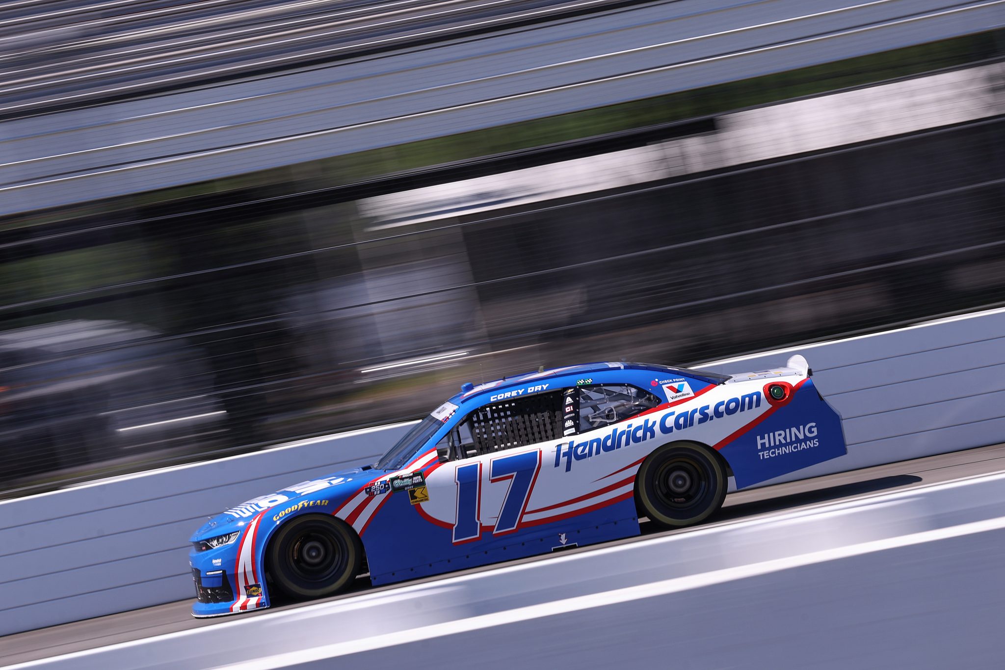 LONG POND, PENNSYLVANIA - JUNE 13: Corey Day, driver of the #17 HendrickCars.com Chevrolet, drives during practice for the NASCAR O'Reilly Auto Parts Series MillerTech Battery 250 presented by KOA at Pocono Raceway on June 13, 2026 in Long Pond, Pennsylvania. (Photo by David Jensen/Getty Images) | Getty Images