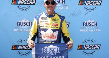LONG POND, PENNSYLVANIA - JUNE 13: Denny Hamlin, driver of the #11 King's Hawaiian Shake 'Em Bites Toyota, poses for photos after winning the pole award during qualifying for the NASCAR Cup Series Great American Getaway 400 presented by VISITPA at Pocono Raceway on June 13, 2026 in Long Pond, Pennsylvania. (Photo by David Jensen/Getty Images) | Getty Images