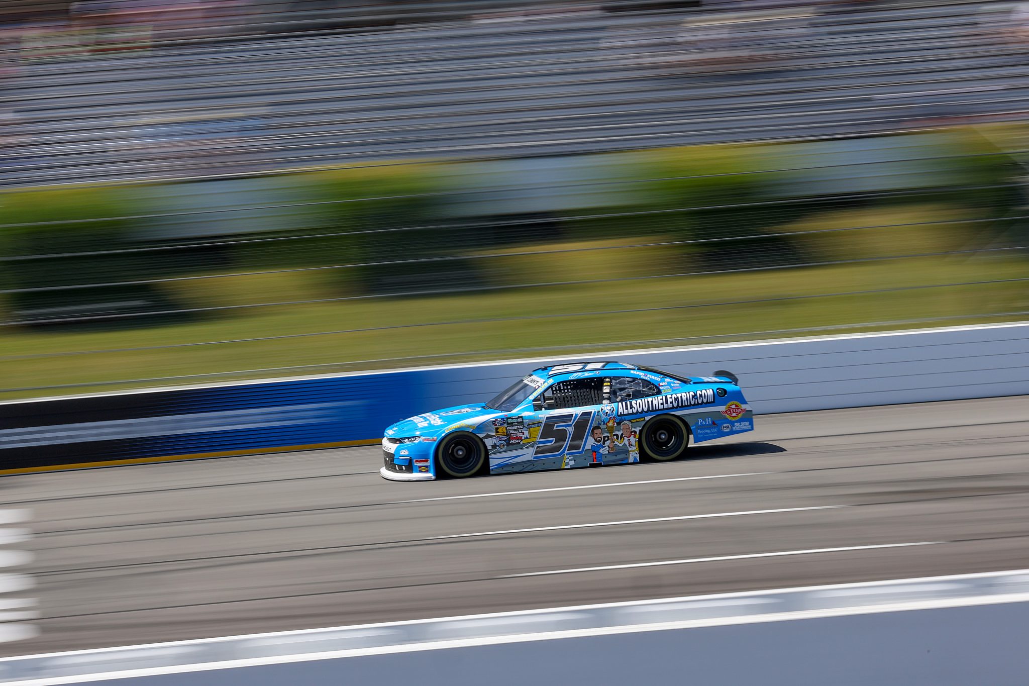 LONG POND, PENNSYLVANIA - JUNE 13: Jeremy Clements, driver of the #51 AllSouthElectric.com Chevrolet, drives during practice for the NASCAR O'Reilly Auto Parts Series MillerTech Battery 250 presented by KOA at Pocono Raceway on June 13, 2026 in Long Pond, Pennsylvania. (Photo by James Gilbert/Getty Images) | Getty Images