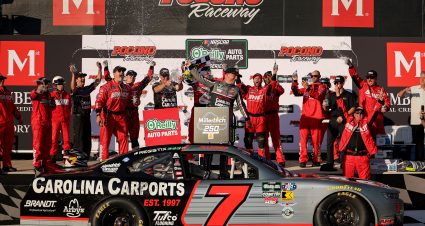 LONG POND, PENNSYLVANIA - JUNE 13: Justin Allgaier, driver of the #7 Carolina Carports Chevrolet, celebrates in victory lane after winning the NASCAR O'Reilly Auto Parts Series MillerTech Battery 250 presented by KOA at Pocono Raceway on June 13, 2026 in Long Pond, Pennsylvania. (Photo by James Gilbert/Getty Images) | Getty Images