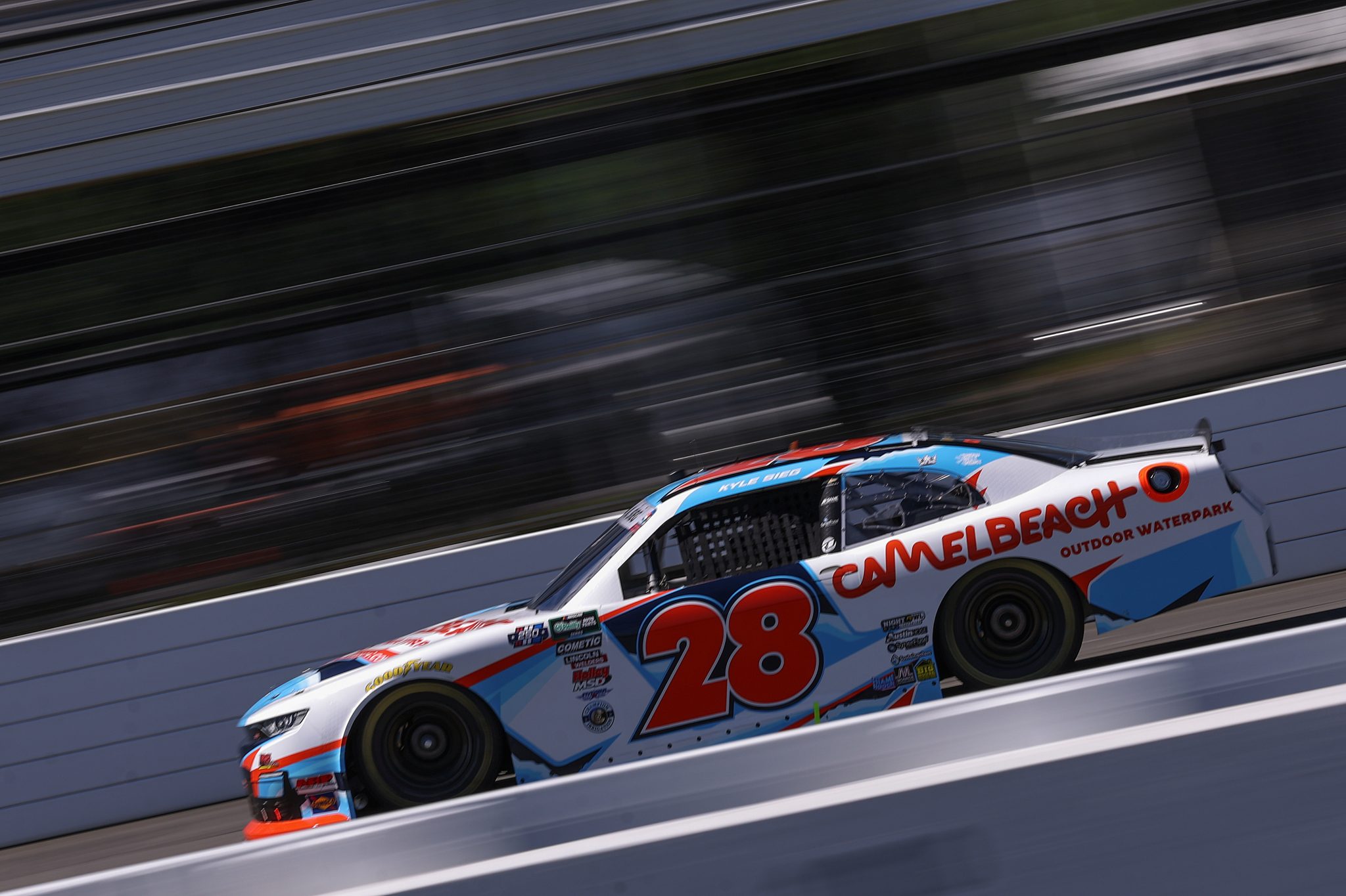 LONG POND, PENNSYLVANIA - JUNE 13: Kyle Sieg, driver of the #28 Camelbeach Outdoor Waterpark Chevrolet, drives during practice for the NASCAR O'Reilly Auto Parts Series MillerTech Battery 250 presented by KOA at Pocono Raceway on June 13, 2026 in Long Pond, Pennsylvania. (Photo by David Jensen/Getty Images) | Getty Images